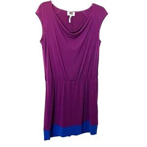 LAUNDRY BY DESIGN CAP SLEEVE DRESS, WOMENS, L, BURGANDY & BLUE HEM, FIT & FLARE